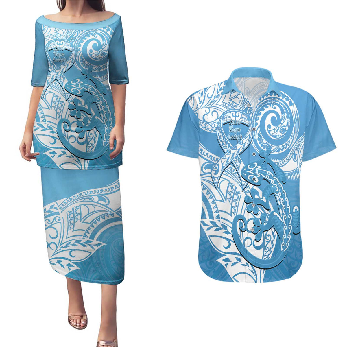 Personalised New Zealand Autism Awareness Couples Matching Puletasi and Hawaiian Shirt NZ Fern With Maori Koru Lizard LT14 Blue - Polynesian Pride