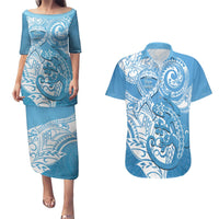 Personalised New Zealand Autism Awareness Couples Matching Puletasi and Hawaiian Shirt NZ Fern With Maori Koru Lizard LT14 Blue - Polynesian Pride