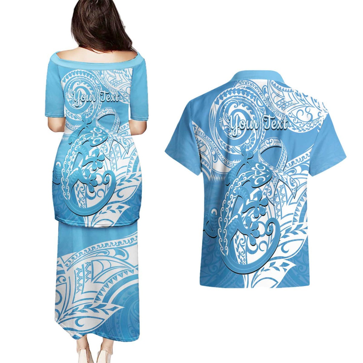 Personalised New Zealand Autism Awareness Couples Matching Puletasi and Hawaiian Shirt NZ Fern With Maori Koru Lizard LT14 - Polynesian Pride
