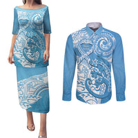 Personalised New Zealand Autism Awareness Couples Matching Puletasi and Long Sleeve Button Shirt NZ Fern With Maori Koru Lizard LT14 Blue - Polynesian Pride