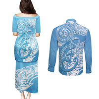 Personalised New Zealand Autism Awareness Couples Matching Puletasi and Long Sleeve Button Shirt NZ Fern With Maori Koru Lizard LT14 - Polynesian Pride