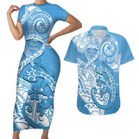 Personalised New Zealand Autism Awareness Couples Matching Short Sleeve Bodycon Dress and Hawaiian Shirt NZ Fern With Maori Koru Lizard LT14 Blue - Polynesian Pride