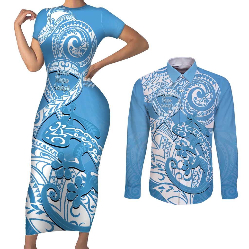 Personalised New Zealand Autism Awareness Couples Matching Short Sleeve Bodycon Dress and Long Sleeve Button Shirt NZ Fern With Maori Koru Lizard LT14 Blue - Polynesian Pride
