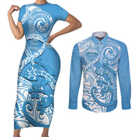 Personalised New Zealand Autism Awareness Couples Matching Short Sleeve Bodycon Dress and Long Sleeve Button Shirt NZ Fern With Maori Koru Lizard LT14 Blue - Polynesian Pride