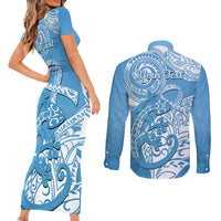 Personalised New Zealand Autism Awareness Couples Matching Short Sleeve Bodycon Dress and Long Sleeve Button Shirt NZ Fern With Maori Koru Lizard LT14 - Polynesian Pride