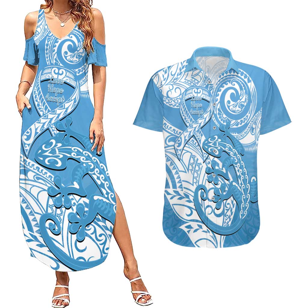Personalised New Zealand Autism Awareness Couples Matching Summer Maxi Dress and Hawaiian Shirt NZ Fern With Maori Koru Lizard LT14 Blue - Polynesian Pride