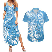 Personalised New Zealand Autism Awareness Couples Matching Summer Maxi Dress and Hawaiian Shirt NZ Fern With Maori Koru Lizard LT14 Blue - Polynesian Pride