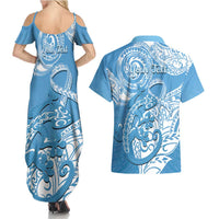 Personalised New Zealand Autism Awareness Couples Matching Summer Maxi Dress and Hawaiian Shirt NZ Fern With Maori Koru Lizard LT14 - Polynesian Pride