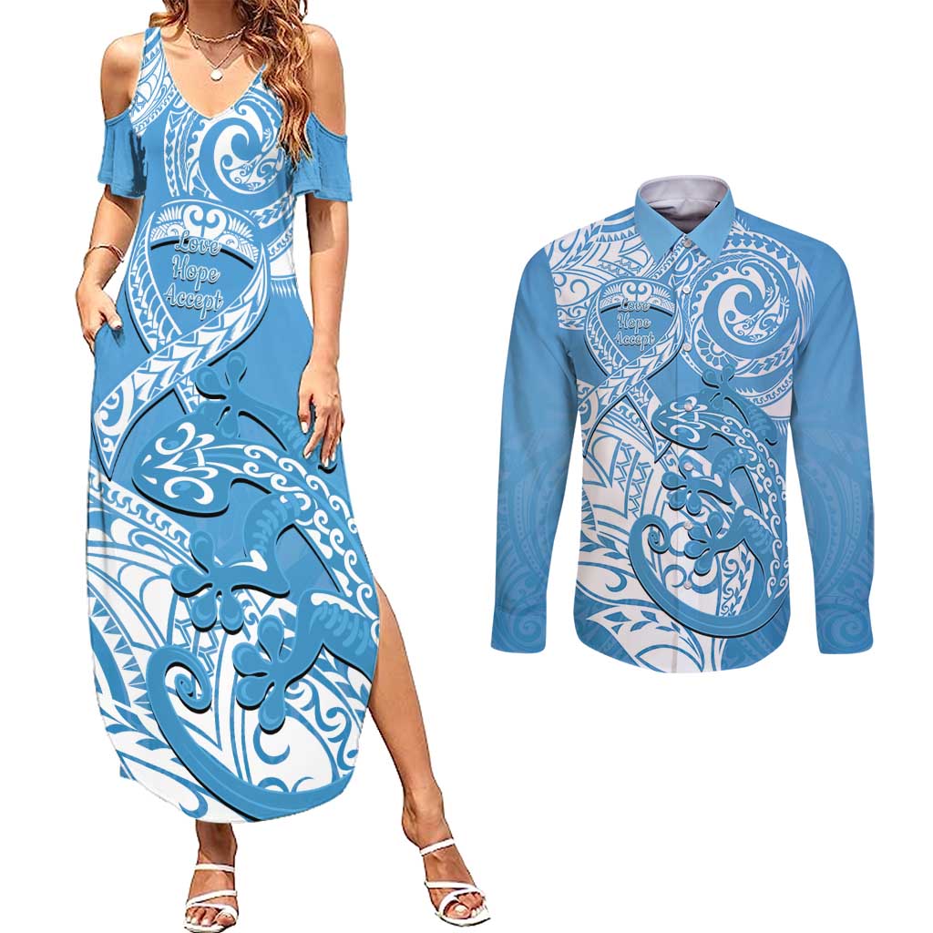 Personalised New Zealand Autism Awareness Couples Matching Summer Maxi Dress and Long Sleeve Button Shirt NZ Fern With Maori Koru Lizard LT14 Blue - Polynesian Pride