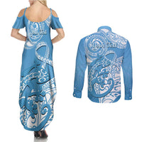 Personalised New Zealand Autism Awareness Couples Matching Summer Maxi Dress and Long Sleeve Button Shirt NZ Fern With Maori Koru Lizard LT14 - Polynesian Pride