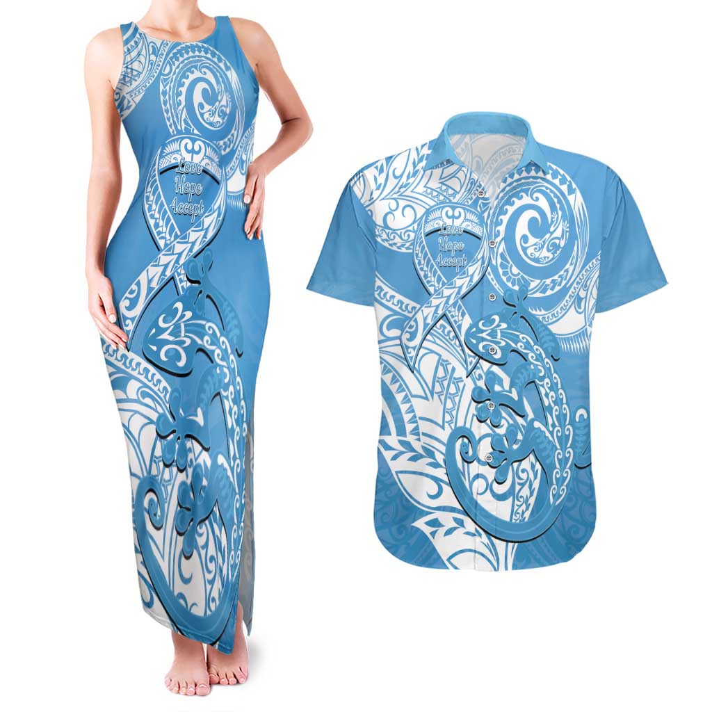 Personalised New Zealand Autism Awareness Couples Matching Tank Maxi Dress and Hawaiian Shirt NZ Fern With Maori Koru Lizard LT14 Blue - Polynesian Pride