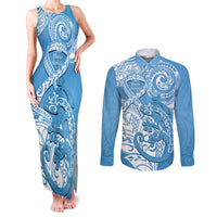 Personalised New Zealand Autism Awareness Couples Matching Tank Maxi Dress and Long Sleeve Button Shirt NZ Fern With Maori Koru Lizard LT14 Blue - Polynesian Pride