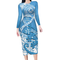 Personalised New Zealand Autism Awareness Family Matching Long Sleeve Bodycon Dress and Hawaiian Shirt NZ Fern With Maori Koru Lizard LT14 Mom's Dress Blue - Polynesian Pride