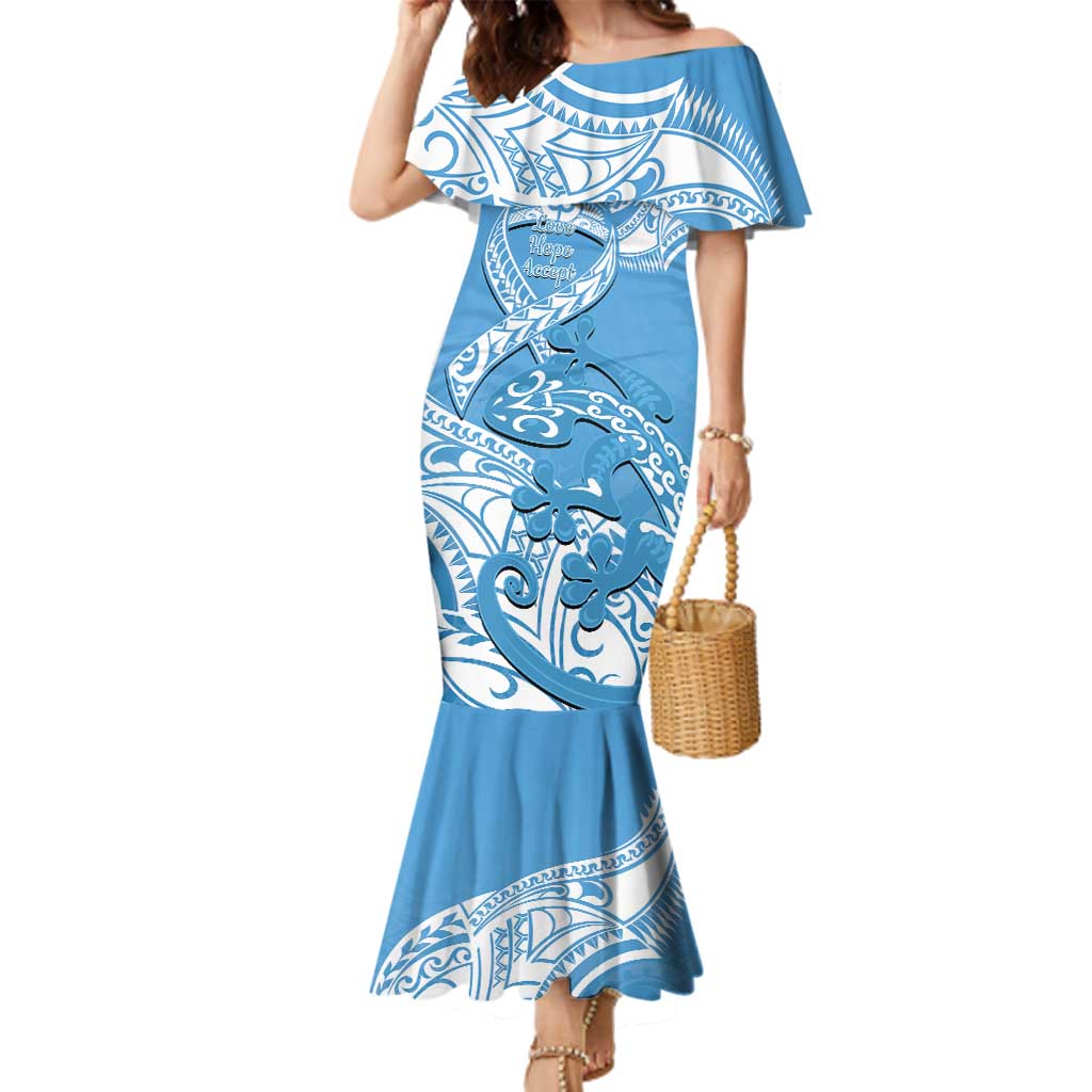 Personalised New Zealand Autism Awareness Family Matching Mermaid Dress and Hawaiian Shirt NZ Fern With Maori Koru Lizard LT14 Mom's Dress Blue - Polynesian Pride