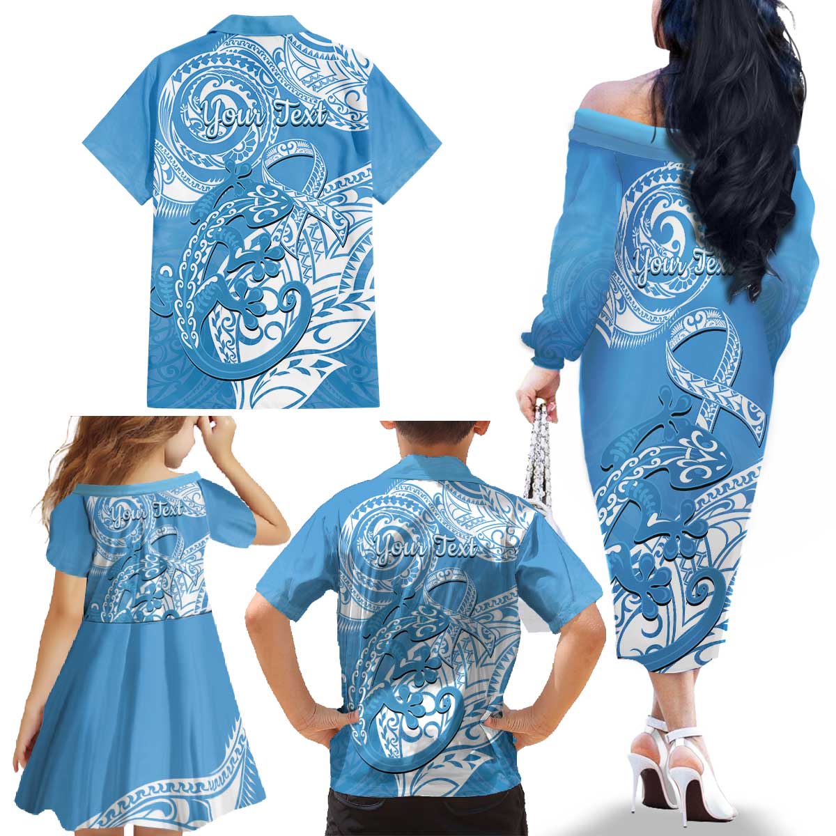 Personalised New Zealand Autism Awareness Family Matching Off The Shoulder Long Sleeve Dress and Hawaiian Shirt NZ Fern With Maori Koru Lizard LT14 - Polynesian Pride