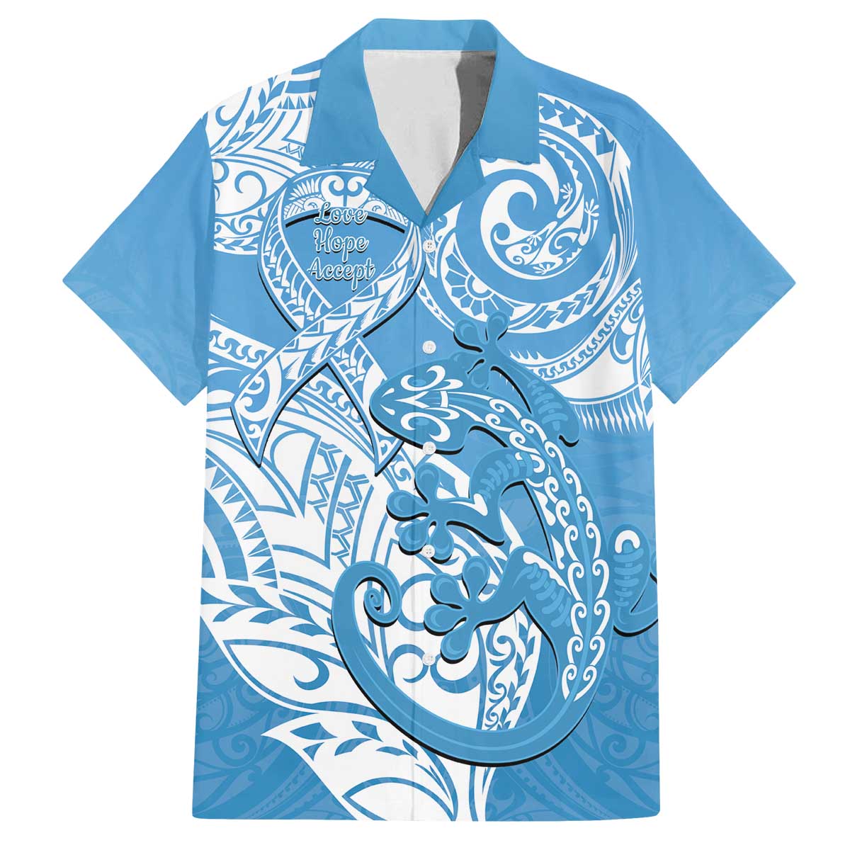Personalised New Zealand Autism Awareness Family Matching Off The Shoulder Long Sleeve Dress and Hawaiian Shirt NZ Fern With Maori Koru Lizard LT14 Dad's Shirt - Short Sleeve Blue - Polynesian Pride