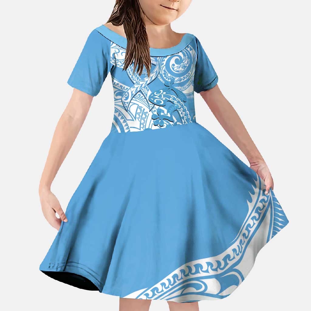 Personalised New Zealand Autism Awareness Family Matching Off Shoulder Maxi Dress and Hawaiian Shirt NZ Fern With Maori Koru Lizard LT14 Daughter's Dress Blue - Polynesian Pride