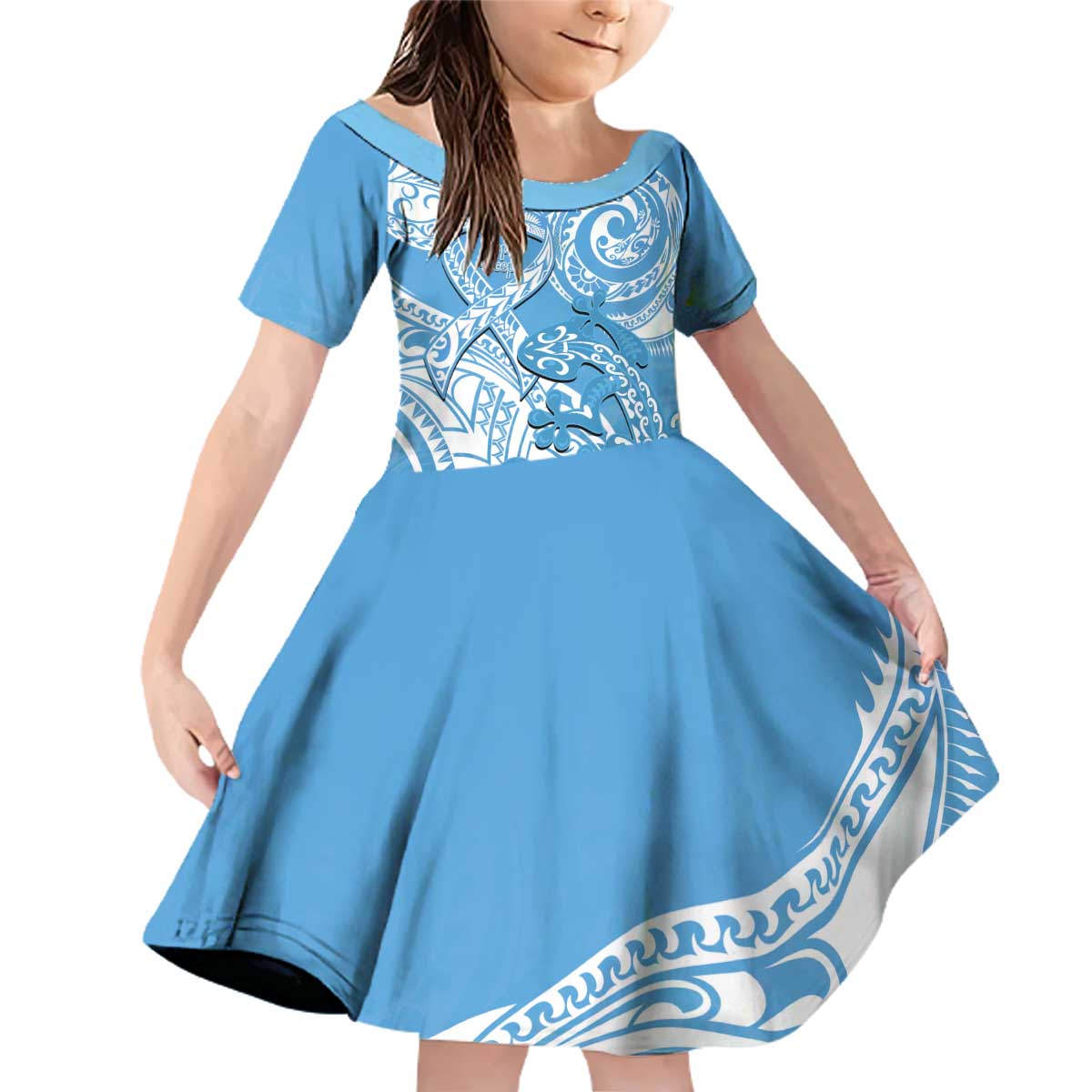 Personalised New Zealand Autism Awareness Family Matching Off Shoulder Short Dress and Hawaiian Shirt NZ Fern With Maori Koru Lizard LT14 Daughter's Dress Blue - Polynesian Pride