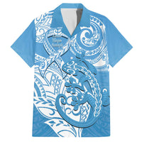 Personalised New Zealand Autism Awareness Family Matching Off Shoulder Short Dress and Hawaiian Shirt NZ Fern With Maori Koru Lizard LT14 Dad's Shirt - Short Sleeve Blue - Polynesian Pride