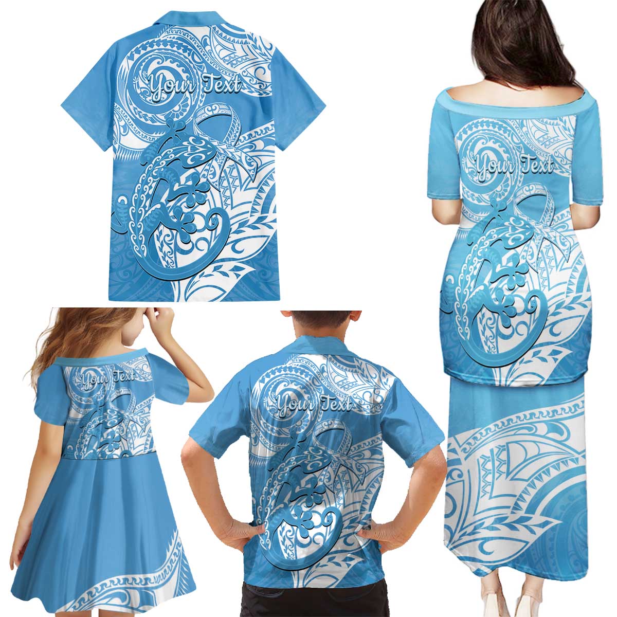 Personalised New Zealand Autism Awareness Family Matching Puletasi and Hawaiian Shirt NZ Fern With Maori Koru Lizard LT14 - Polynesian Pride