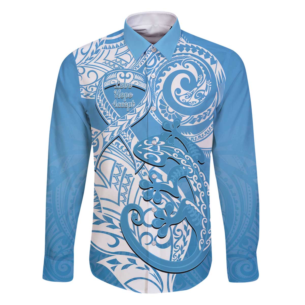 Personalised New Zealand Autism Awareness Family Matching Puletasi and Hawaiian Shirt NZ Fern With Maori Koru Lizard LT14 Dad's Shirt - Long Sleeve Blue - Polynesian Pride