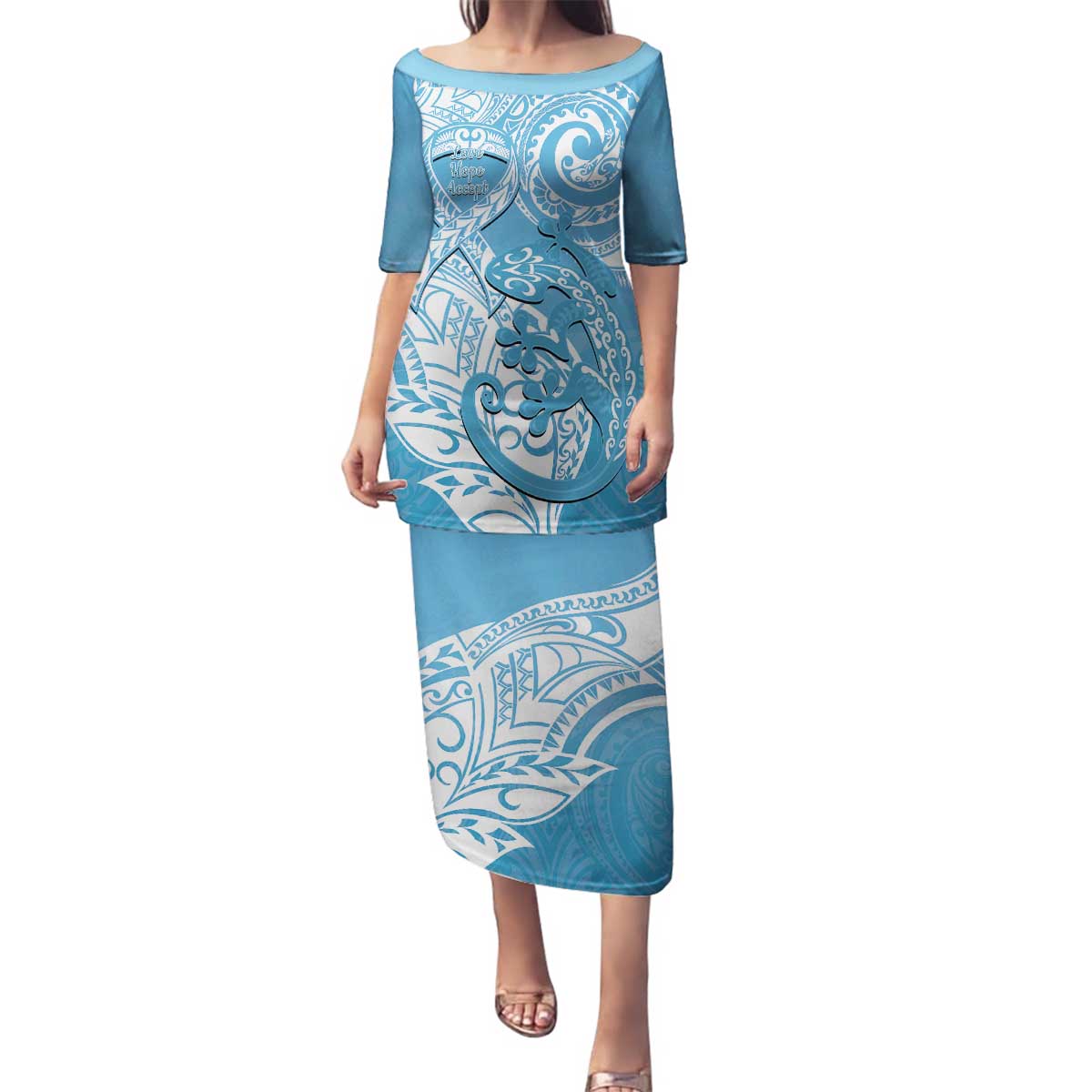 Personalised New Zealand Autism Awareness Family Matching Puletasi and Hawaiian Shirt NZ Fern With Maori Koru Lizard LT14 Mom's Dress Blue - Polynesian Pride