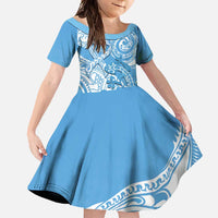 Personalised New Zealand Autism Awareness Family Matching Short Sleeve Bodycon Dress and Hawaiian Shirt NZ Fern With Maori Koru Lizard LT14 Daughter's Dress Blue - Polynesian Pride