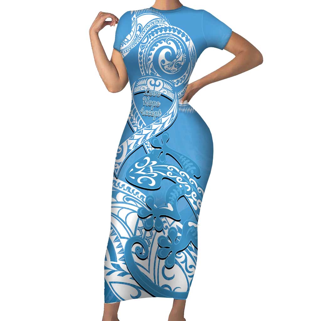 Personalised New Zealand Autism Awareness Family Matching Short Sleeve Bodycon Dress and Hawaiian Shirt NZ Fern With Maori Koru Lizard LT14 Mom's Dress Blue - Polynesian Pride