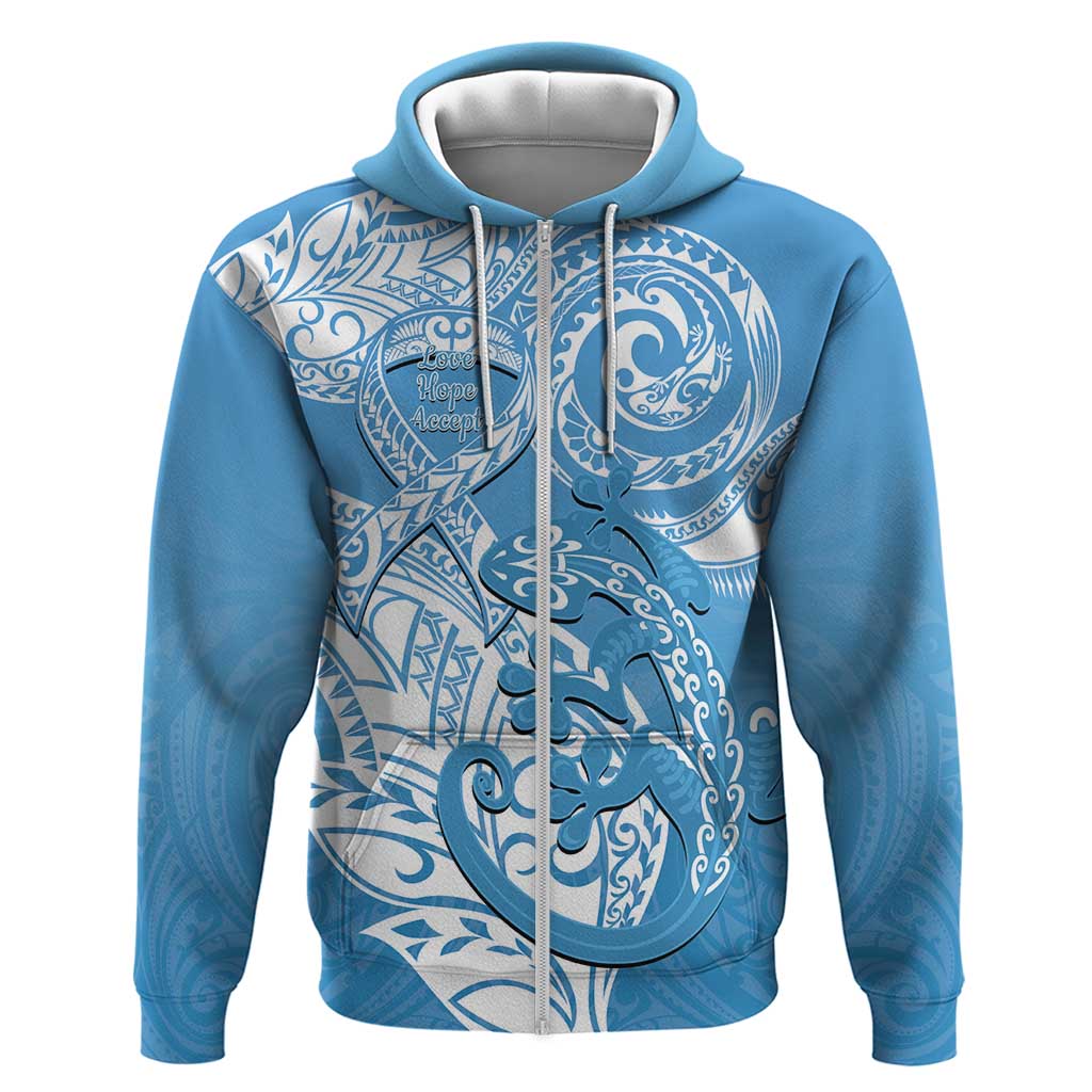 Personalised New Zealand Autism Awareness Hoodie NZ Fern With Maori Koru Lizard LT14 Zip Hoodie Blue - Polynesian Pride
