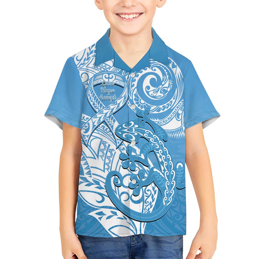 Personalised New Zealand Autism Awareness Kid Hawaiian Shirt NZ Fern With Maori Koru Lizard LT14 Kid Blue - Polynesian Pride