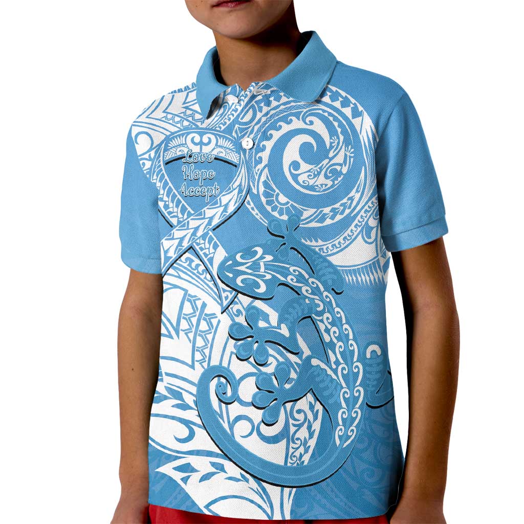Personalised New Zealand Autism Awareness Kid Polo Shirt NZ Fern With Maori Koru Lizard LT14 Kid Blue - Polynesian Pride