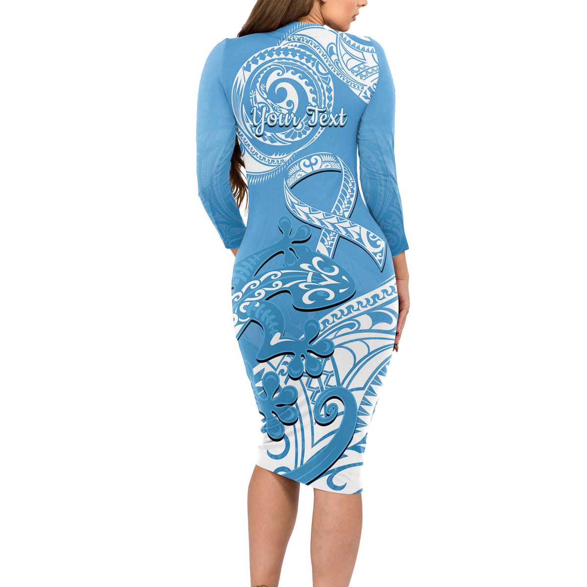 Personalised New Zealand Autism Awareness Long Sleeve Bodycon Dress NZ Fern With Maori Koru Lizard LT14 - Polynesian Pride