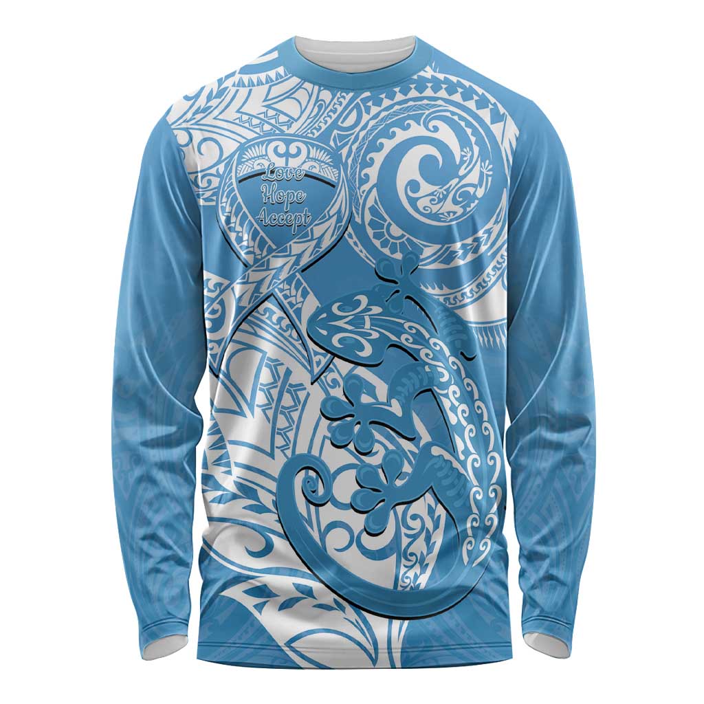 Personalised New Zealand Autism Awareness Long Sleeve Shirt NZ Fern With Maori Koru Lizard LT14 Unisex Blue - Polynesian Pride