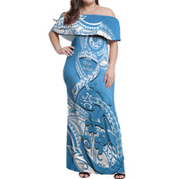 Personalised New Zealand Autism Awareness Off Shoulder Maxi Dress NZ Fern With Maori Koru Lizard LT14 Women Blue - Polynesian Pride