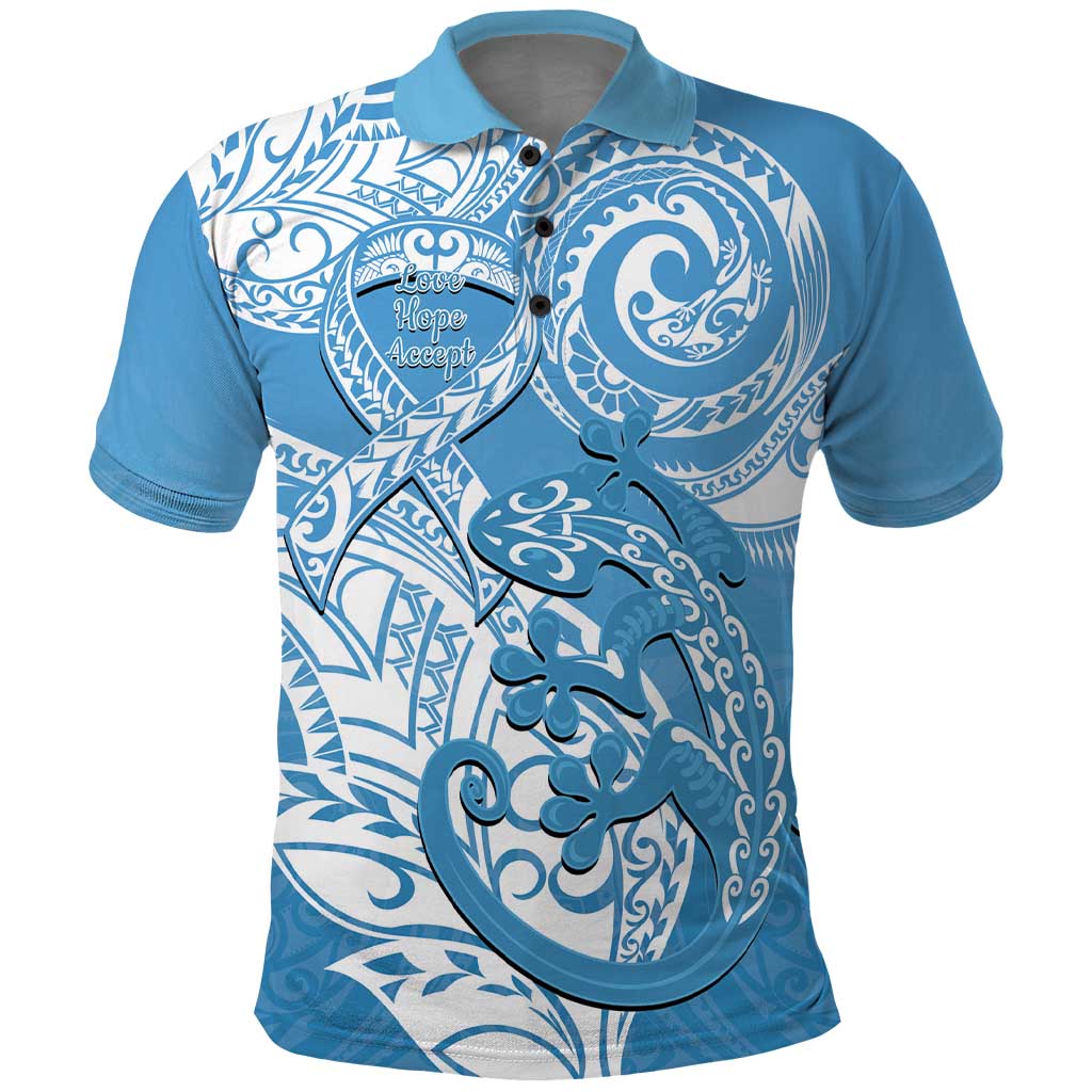 Personalised New Zealand Autism Awareness Polo Shirt NZ Fern With Maori Koru Lizard LT14 Blue - Polynesian Pride
