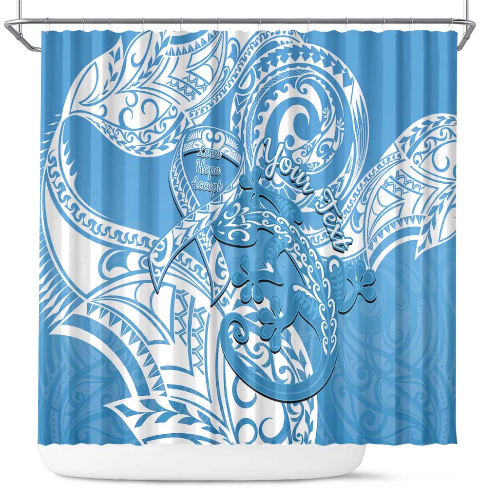 Personalised New Zealand Autism Awareness Shower Curtain NZ Fern With Maori Koru Lizard LT14 Blue - Polynesian Pride