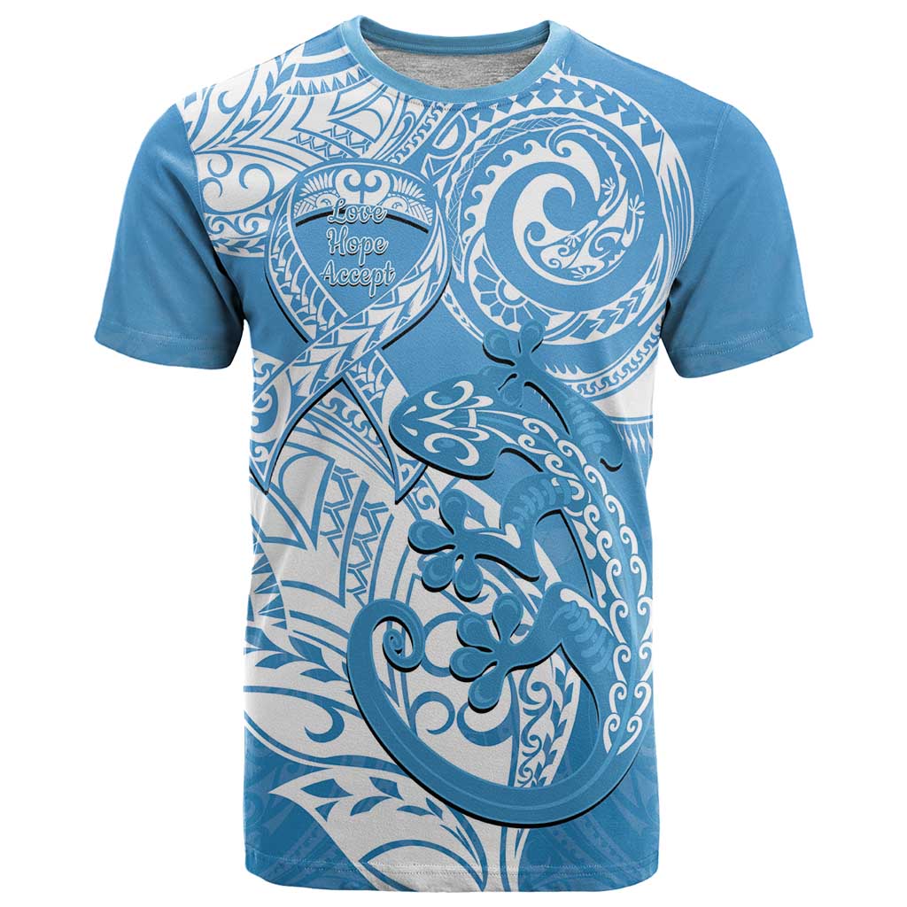 Personalised New Zealand Autism Awareness T Shirt NZ Fern With Maori Koru Lizard LT14 Blue - Polynesian Pride