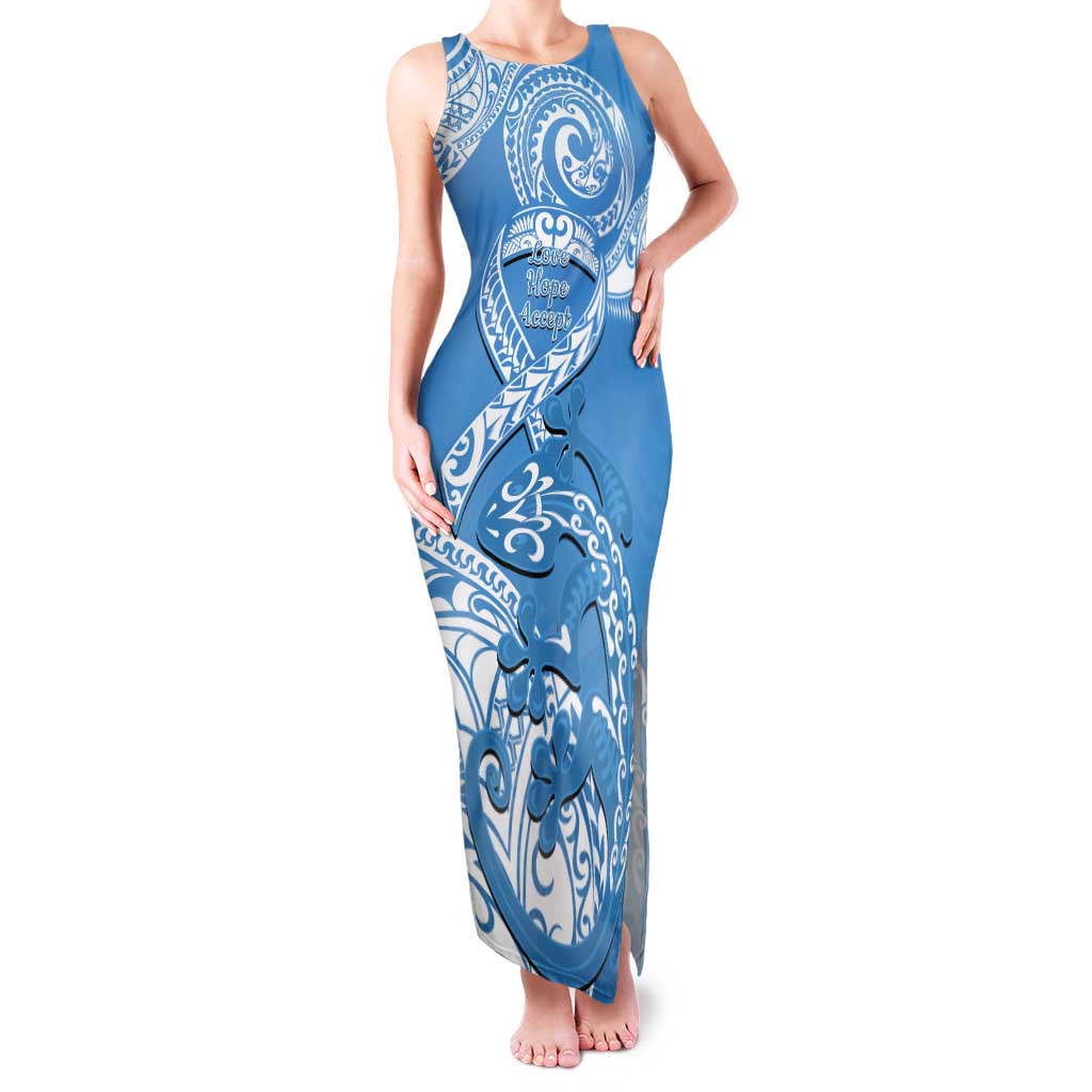 Personalised New Zealand Autism Awareness Tank Maxi Dress NZ Fern With Maori Koru Lizard LT14 Women Blue - Polynesian Pride
