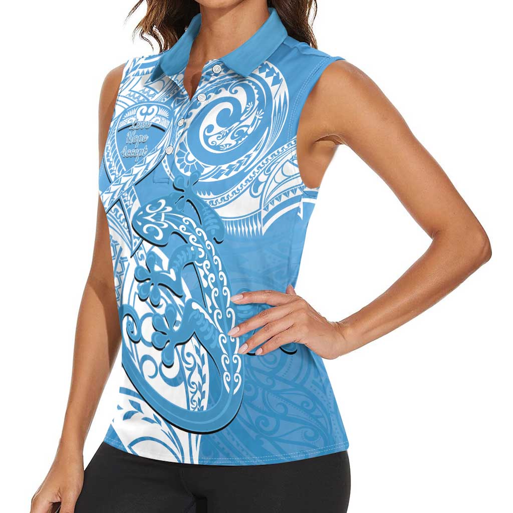 Personalised New Zealand Autism Awareness Women Sleeveless Polo Shirt NZ Fern With Maori Koru Lizard LT14 - Polynesian Pride