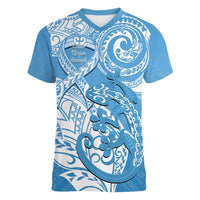 Personalised New Zealand Autism Awareness Women V-Neck T-Shirt NZ Fern With Maori Koru Lizard LT14 Female Blue - Polynesian Pride