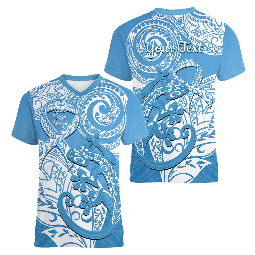 Personalised New Zealand Autism Awareness Women V-Neck T-Shirt NZ Fern With Maori Koru Lizard LT14 - Polynesian Pride