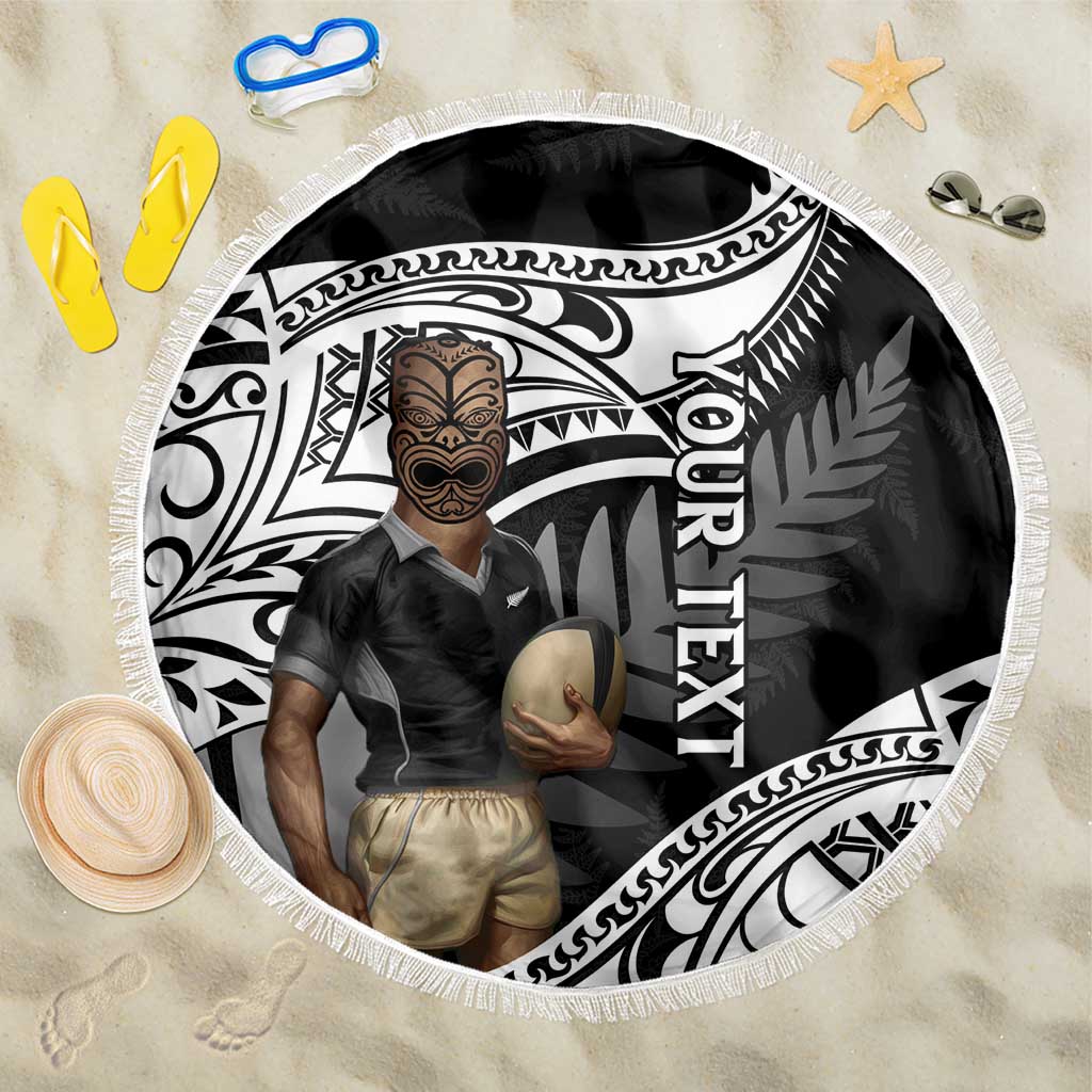 Custom New Zealand Silver Fern Rugby Beach Blanket 2024 Aotearoa Maori Mascot Go All Black LT14 One Size 150cm Black - Polynesian Pride