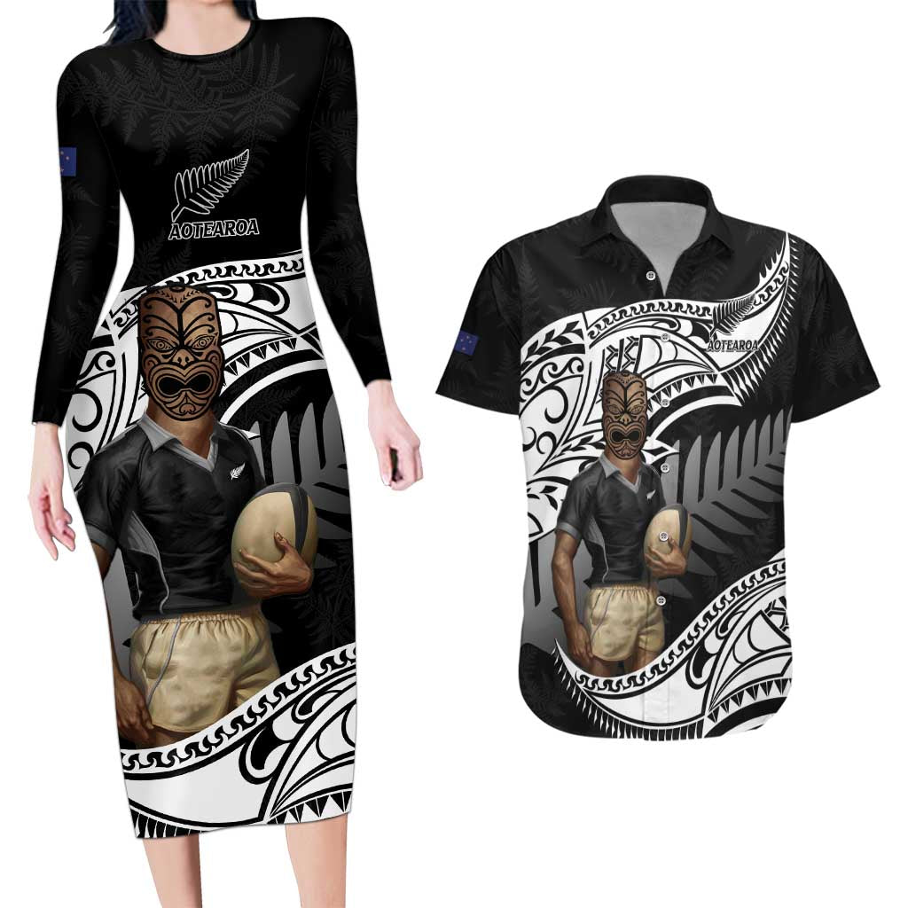 Custom New Zealand Silver Fern Rugby Couples Matching Long Sleeve Bodycon Dress and Hawaiian Shirt 2024 Aotearoa Maori Mascot Go All Black LT14 Black - Polynesian Pride
