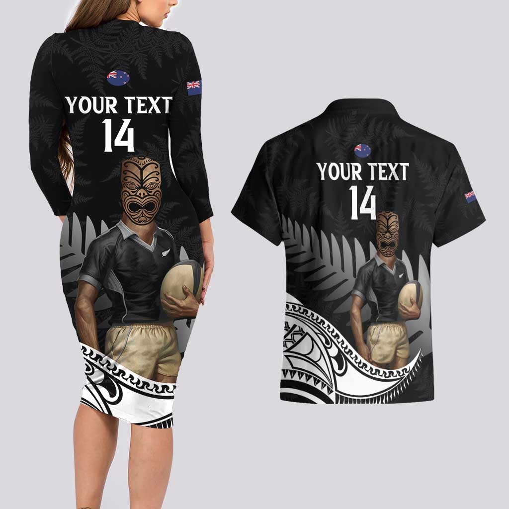 Custom New Zealand Silver Fern Rugby Couples Matching Long Sleeve Bodycon Dress and Hawaiian Shirt 2024 Aotearoa Maori Mascot Go All Black LT14 - Polynesian Pride