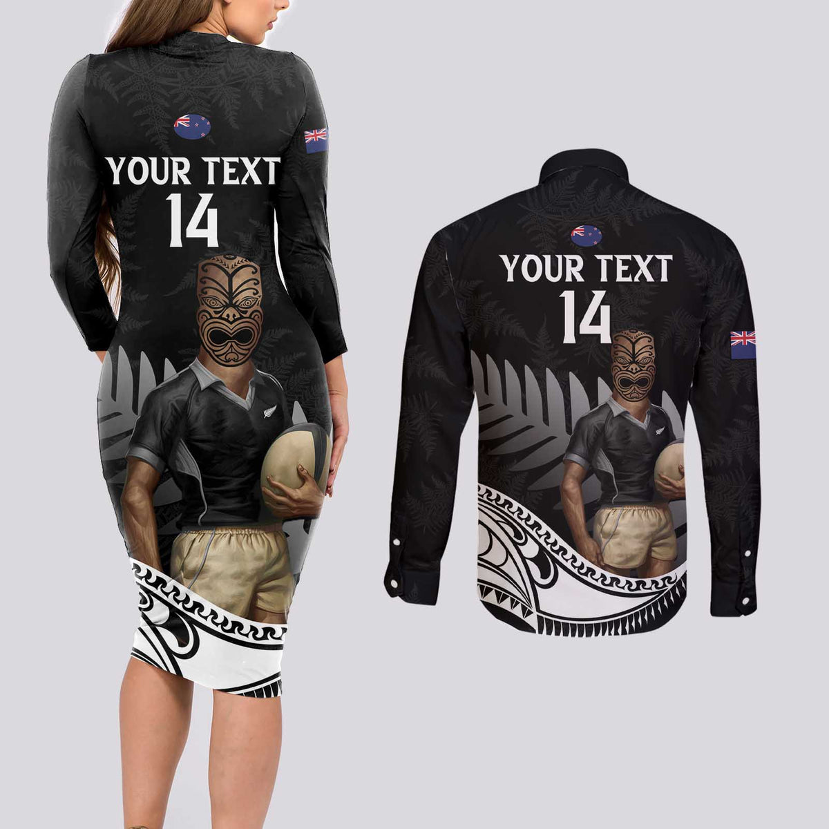 Custom New Zealand Silver Fern Rugby Couples Matching Long Sleeve Bodycon Dress and Long Sleeve Button Shirt 2024 Aotearoa Maori Mascot Go All Black LT14 - Polynesian Pride