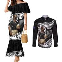 Custom New Zealand Silver Fern Rugby Couples Matching Mermaid Dress and Long Sleeve Button Shirt 2024 Aotearoa Maori Mascot Go All Black LT14 Black - Polynesian Pride