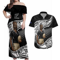 Custom New Zealand Silver Fern Rugby Couples Matching Off Shoulder Maxi Dress and Hawaiian Shirt 2024 Aotearoa Maori Mascot Go All Black LT14 Black - Polynesian Pride