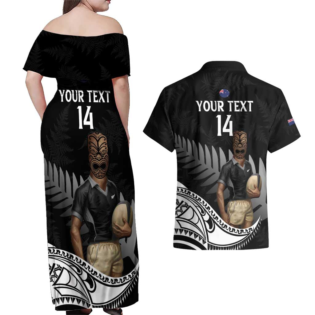 Custom New Zealand Silver Fern Rugby Couples Matching Off Shoulder Maxi Dress and Hawaiian Shirt 2024 Aotearoa Maori Mascot Go All Black LT14 - Polynesian Pride