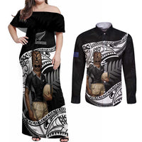 Custom New Zealand Silver Fern Rugby Couples Matching Off Shoulder Maxi Dress and Long Sleeve Button Shirt 2024 Aotearoa Maori Mascot Go All Black LT14 Black - Polynesian Pride