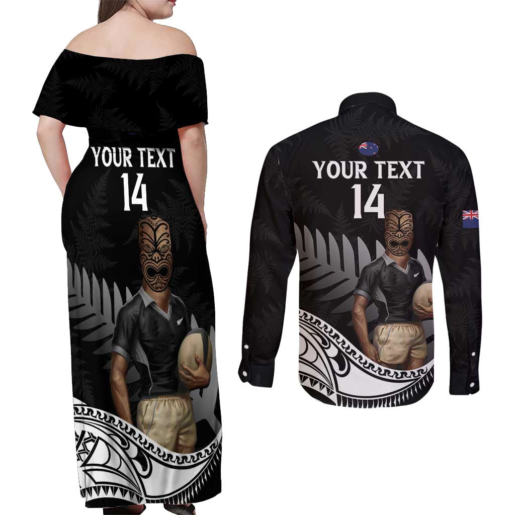 Custom New Zealand Silver Fern Rugby Couples Matching Off Shoulder Maxi Dress and Long Sleeve Button Shirt 2024 Aotearoa Maori Mascot Go All Black LT14 - Polynesian Pride